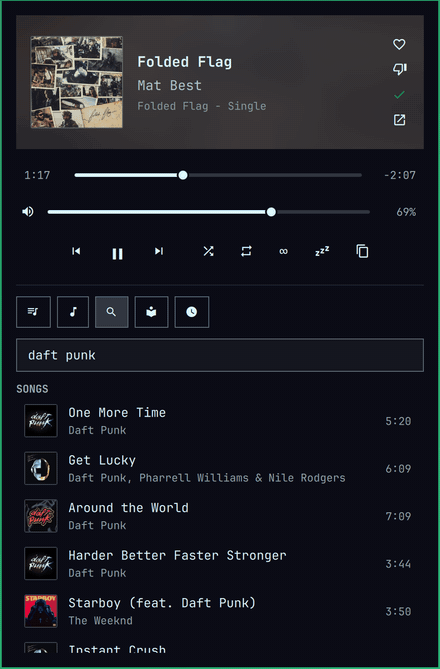 The Apple Music panel in the Omarchy bar: search results, now playing with cover art, and synced lyrics following the song